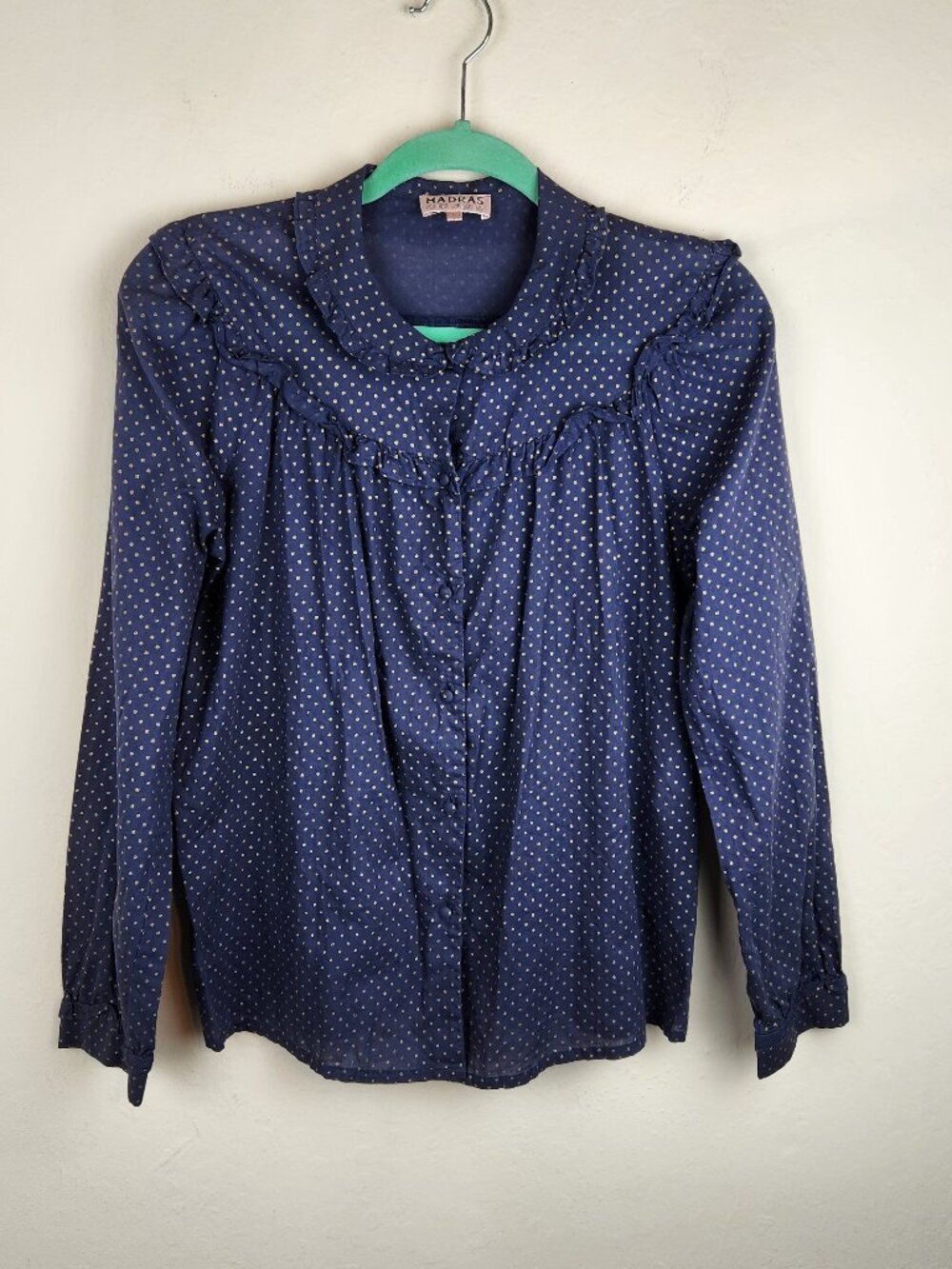 A.P.C. Madras Blue Polka Dot Ruffle Long Sleeve Button Up Blouse Shirt sz L